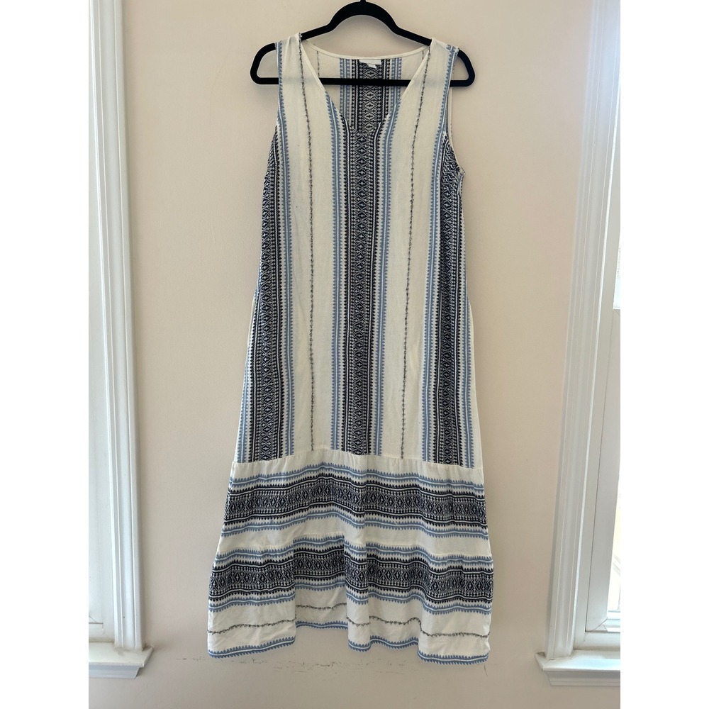 J.Jill Women's Maxi Dress White Blue Embroidered Sleeveless Casual Boho Chic‎